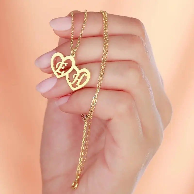 Çift Kalp Kolye - Özel Baş Harfler Kazınmış | 925 Gümüş