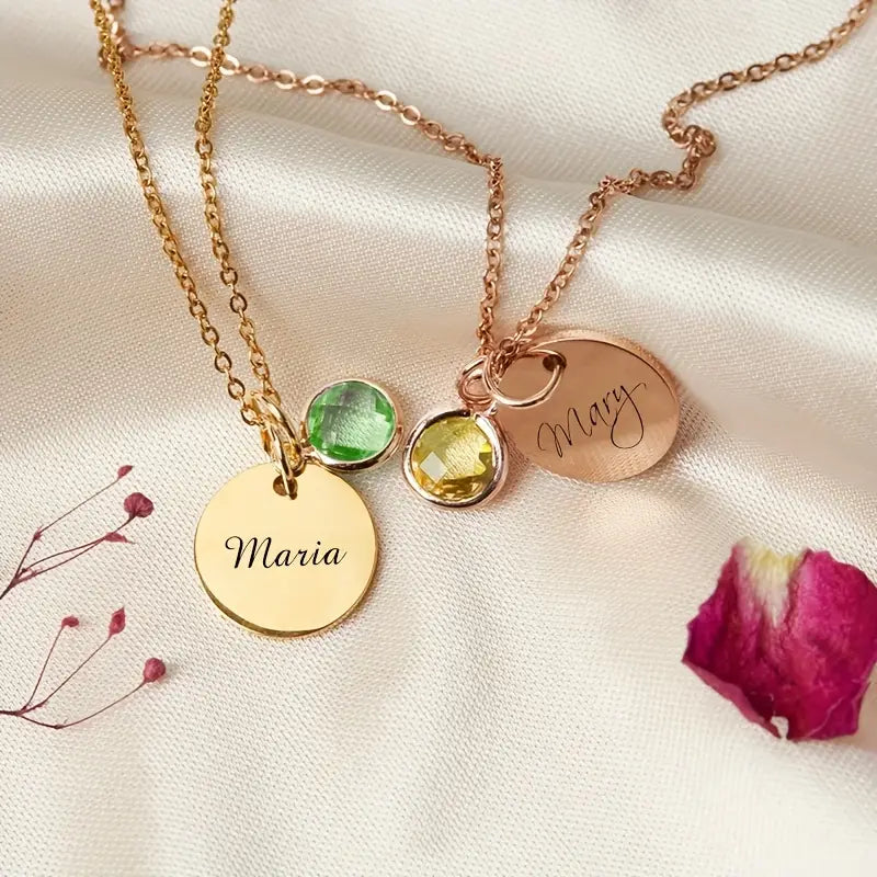 Doğum Taşlı Yuvarlak Plaka İsim Kolye | 925 Gümüş