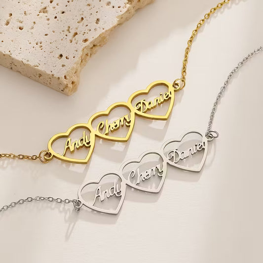 Kişiselleştirilmiş Kalp Bilekliği, Üçlü İsim Oyması ile Özel Takı | 925 Gümüş