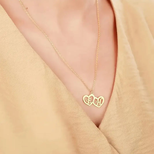 Çift Kalp Kolye - Özel Baş Harfler Kazınmış | 925 Gümüş