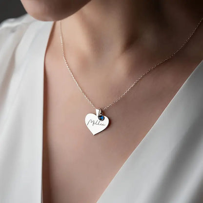 Doğum Taşı ve İsimli Özel Kalp Kolye | 925 Gümüş