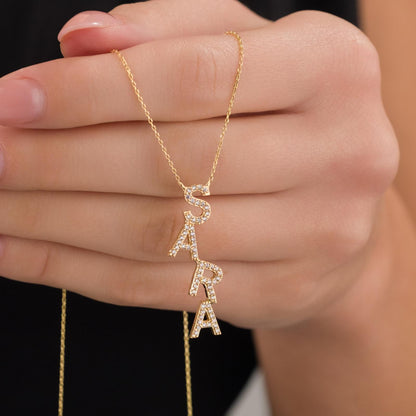 DİKEY İSİM TAŞLI HARF KOLYE | 925 Gümüş